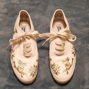 Keds Leather Sneakers, White with Gold Floral